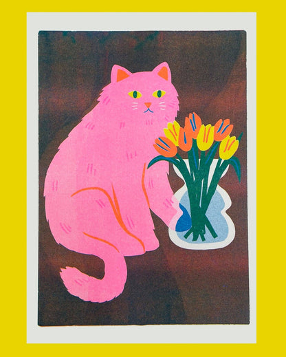 Impression Chat avec fleurs A4