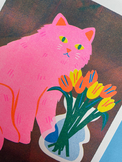 Impression Chat avec fleurs A4
